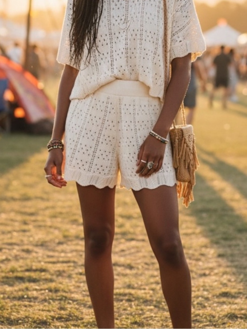 Crochet Knit High Waist Pull On Shorts Women's XS Bohemian Festival